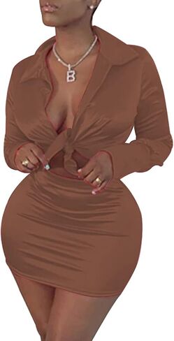 LuFeng Womens Satin Sexy Self Tie Front Long Sleeve 2 Piece Outfits Crop Top and Mini Bodycon Skirt Set in Saudi Arabia
