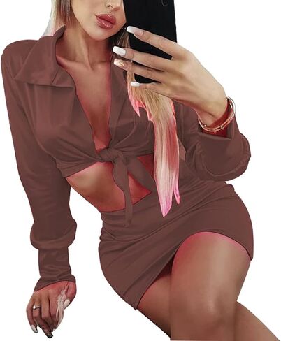 LuFeng Womens Satin Sexy Self Tie Front Long Sleeve 2 Piece Outfits Crop Top and Mini Bodycon Skirt Set in Saudi Arabia