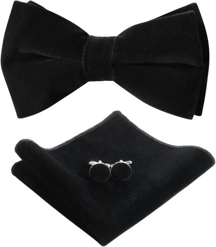HOULIFE Men's Pre-tied Bowties Velvet Solid Color Adjustable Bow Tie and Pocket Square with Cufflinks for Wedding Party in Kuwait