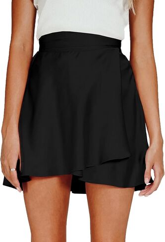 Umenlele Women's Satin Tie Knot Belted Waist Wrap Skater Mini Short Skirt in Saudi Arabia