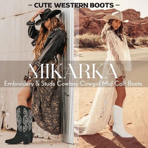 Mikarka أحذية رعاة البقر للنساء مطرزة ومسامير أحذية راعية البقر النسائية أشار تو كعب متوسط ​​مكتنز منتصف العجل الحذاء الغربي in Kuwait