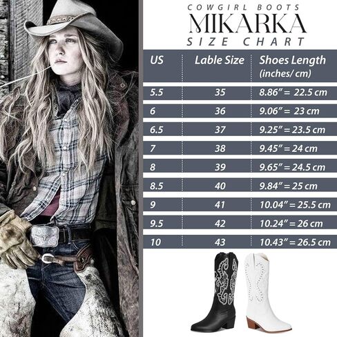 Mikarka أحذية رعاة البقر للنساء مطرزة ومسامير أحذية راعية البقر النسائية أشار تو كعب متوسط ​​مكتنز منتصف العجل الحذاء الغربي in Kuwait