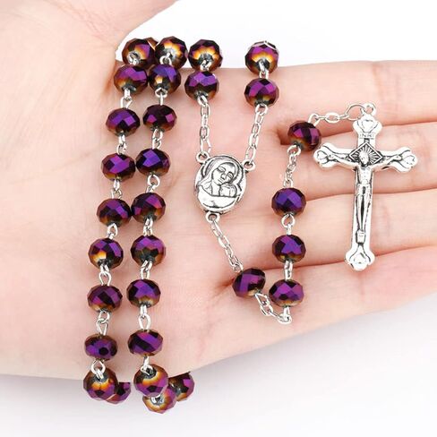 Rosary Pearl Beads Necklace for Women,First Communion Catholic Rosary Prayer Gifts for Men Girls Boy Our Rose Lourdes Medal and Cross Rosary Crucifix Necklace in Kuwait