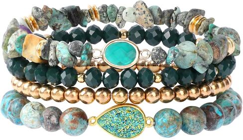 Bohemian Natural Stone Beaded Bracelets for Women Girls Stackable Stretch Beads Bracelet Set with Charm and Tassel Multilayered Elastic Gemstone Bracelets Summer Beach Boho Jewelry Gift for Women Men in Kuwait