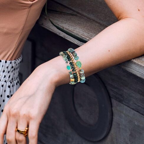 Bohemian Natural Stone Beaded Bracelets for Women Girls Stackable Stretch Beads Bracelet Set with Charm and Tassel Multilayered Elastic Gemstone Bracelets Summer Beach Boho Jewelry Gift for Women Men in Kuwait