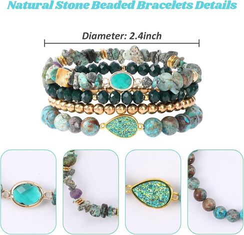 Bohemian Natural Stone Beaded Bracelets for Women Girls Stackable Stretch Beads Bracelet Set with Charm and Tassel Multilayered Elastic Gemstone Bracelets Summer Beach Boho Jewelry Gift for Women Men in Kuwait