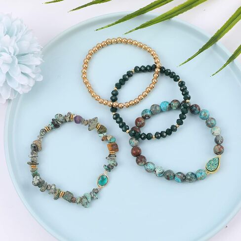 Bohemian Natural Stone Beaded Bracelets for Women Girls Stackable Stretch Beads Bracelet Set with Charm and Tassel Multilayered Elastic Gemstone Bracelets Summer Beach Boho Jewelry Gift for Women Men in Kuwait