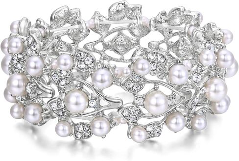 EVER FAITH Crystal Cream Simulated Pearl 1920's Style Leaf Stretch Bracelet Clear in Kuwait
