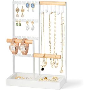 Zhithink Jewelry Organizer Stand, 4 Tiers Earring Organizer with 84 Holes, 6 Hooks for Necklace Holder Organizer, Bracelet Watch Holder, Velvet Storage Area for Rings, Jewelry Tower Display - White in Kuwait