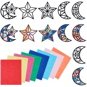 PLIGREAT 12 Pcs Star Moon Suncatcher Craft Kit, DIY Suncatchers Craft Stained Glass Effect Paper Suncatchers with Colorful Tissue Papers for Nursery Shcool Art Project Handwork Supplies Window Decor