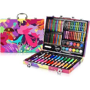 PRASNE 152 PCS Double Sided Trifold Easel Art Set, Portable Painting & Drawing Kit for Kids with Oil Pastels, Crayons, Colored Pencils, Markers, Paint Brush, Pads, Great Gifts for Kids (RED-PURLE) in Saudi Arabia