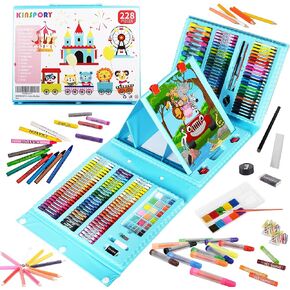 لوازم الفن KINSPORY، 228 مجموعة فنية من مجموعة أدوات تلوين الرسم، حامل فني مزدوج الجانب ثلاثي الطي، ألوان باستيل زيتية، أقلام تلوين، أقلام ملونة، هدية إبداعية للفنانين المبتدئين والبنات والأولاد والأطفال (أزرق) in Kuwait
