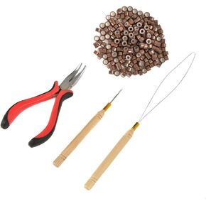 Hair Extension Tools Kit – Pliers - Pulling Hook - Bead Device Tools Kit with 200 Pieces 5mm Silicone Lined Micro Rings (200Pcs, Brown Beads) in Saudi Arabia