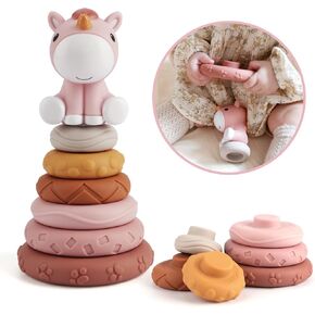 Nueplay 7 Pcs Stacking & Nesting Baby Toys, Squeeze Teething Baby Toys and Building Circle with Pink Horse Figure, Newborn Essentials for 6 12 18 Months Baby Toddler Girls