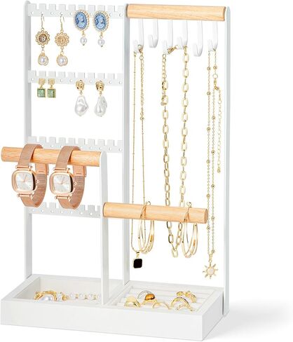 Zhithink Jewelry Organizer Stand, 4 Tiers Earring Organizer with 84 Holes, 6 Hooks for Necklace Holder Organizer, Bracelet Watch Holder, Velvet Storage Area for Rings, Jewelry Tower Display - White in Kuwait