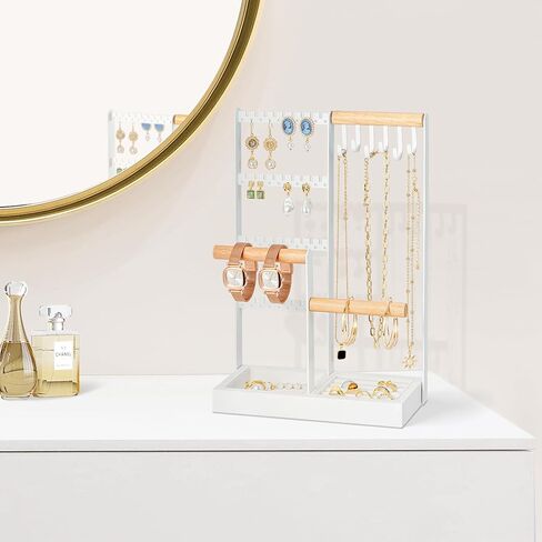 Zhithink Jewelry Organizer Stand, 4 Tiers Earring Organizer with 84 Holes, 6 Hooks for Necklace Holder Organizer, Bracelet Watch Holder, Velvet Storage Area for Rings, Jewelry Tower Display - White in Kuwait