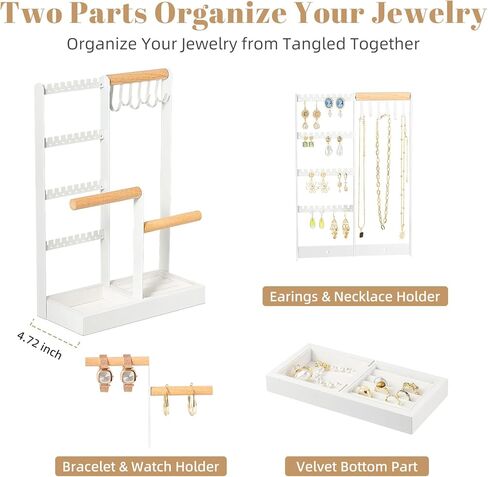 Zhithink Jewelry Organizer Stand, 4 Tiers Earring Organizer with 84 Holes, 6 Hooks for Necklace Holder Organizer, Bracelet Watch Holder, Velvet Storage Area for Rings, Jewelry Tower Display - White in Kuwait