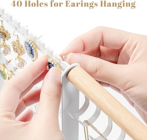 Zhithink Jewelry Organizer Stand, 4 Tiers Earring Organizer with 84 Holes, 6 Hooks for Necklace Holder Organizer, Bracelet Watch Holder, Velvet Storage Area for Rings, Jewelry Tower Display - White in Kuwait