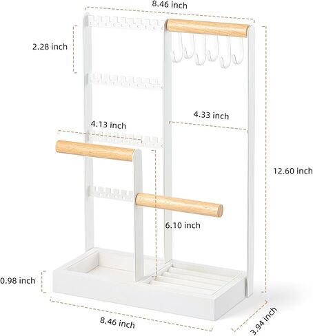Zhithink Jewelry Organizer Stand, 4 Tiers Earring Organizer with 84 Holes, 6 Hooks for Necklace Holder Organizer, Bracelet Watch Holder, Velvet Storage Area for Rings, Jewelry Tower Display - White in Kuwait