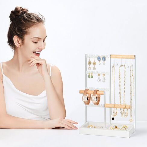Zhithink Jewelry Organizer Stand, 4 Tiers Earring Organizer with 84 Holes, 6 Hooks for Necklace Holder Organizer, Bracelet Watch Holder, Velvet Storage Area for Rings, Jewelry Tower Display - White in Kuwait