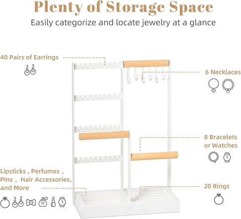 Zhithink Jewelry Organizer Stand, 4 Tiers Earring Organizer with 84 Holes, 6 Hooks for Necklace Holder Organizer, Bracelet Watch Holder, Velvet Storage Area for Rings, Jewelry Tower Display - White in Kuwait