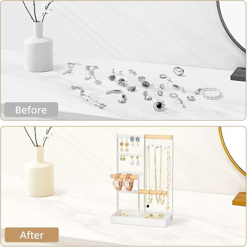 Zhithink Jewelry Organizer Stand, 4 Tiers Earring Organizer with 84 Holes, 6 Hooks for Necklace Holder Organizer, Bracelet Watch Holder, Velvet Storage Area for Rings, Jewelry Tower Display - White in Kuwait