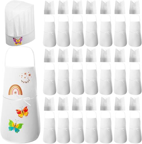 JaGely 60 Pcs Kids Apron and Chef Hat Set with 30 Children Aprons 30 White Chef Hats Kids Chef Costume Non Woven Fabric Girls Boys Child Apron for Baking Cooking Painting Crafting in Saudi Arabia