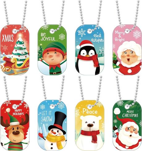 Loetere 48 Pcs Christmas Dog Tag Necklace with Chain Cute Dog Tag Necklaces for Women Men Kids Dogs Christmas Party Favors Dress up Christmas Gifts for Kids, 8 Style in Saudi Arabia