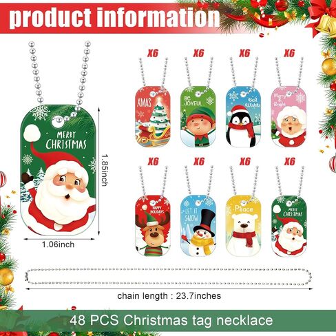 Loetere 48 Pcs Christmas Dog Tag Necklace with Chain Cute Dog Tag Necklaces for Women Men Kids Dogs Christmas Party Favors Dress up Christmas Gifts for Kids, 8 Style in Saudi Arabia