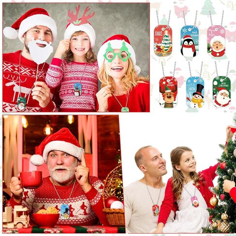 Loetere 48 Pcs Christmas Dog Tag Necklace with Chain Cute Dog Tag Necklaces for Women Men Kids Dogs Christmas Party Favors Dress up Christmas Gifts for Kids, 8 Style in Saudi Arabia