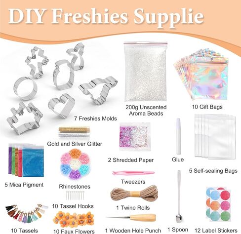 Aoibrloy 60PCS Freshie Making Kit, Car Freshies Starter Kit with Unscented Aroma Beads, Freshies Cutters, Mica Pigment, Bags, Rope and Accessories for Making Car Air Freshener in Kuwait