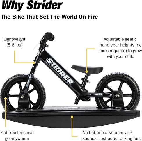 دراجة Strider Pro مقاس 12 بوصة + قاعدة هزازة - تساعد على تعليم الطفل كيفية ركوب دراجة التوازن - للأطفال من عمر 6 أشهر إلى 5 سنوات - سهولة التجميع والتعديل in Kuwait