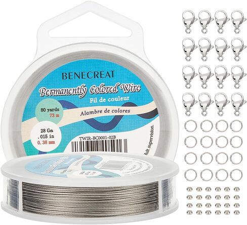 BENECREAT سلك خرز من الفولاذ المقاوم للصدأ بطول 300 قدم 0.46 مم مع 200 قطعة من حلقات القفز، و50 قطعة من الخرز المجعد و30 قطعة من مشابك مخلب جراد البحر لصنع المجوهرات in Kuwait