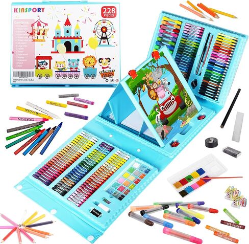 لوازم الفن KINSPORY، 228 مجموعة فنية من مجموعة أدوات تلوين الرسم، حامل فني مزدوج الجانب ثلاثي الطي، ألوان باستيل زيتية، أقلام تلوين، أقلام ملونة، هدية إبداعية للفنانين المبتدئين والبنات والأولاد والأطفال (أزرق) in Kuwait
