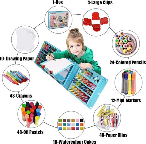 لوازم الفن KINSPORY، 228 مجموعة فنية من مجموعة أدوات تلوين الرسم، حامل فني مزدوج الجانب ثلاثي الطي، ألوان باستيل زيتية، أقلام تلوين، أقلام ملونة، هدية إبداعية للفنانين المبتدئين والبنات والأولاد والأطفال (أزرق) in Kuwait