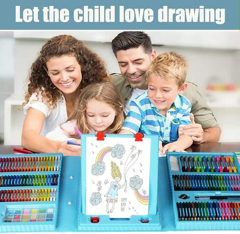 لوازم الفن KINSPORY، 228 مجموعة فنية من مجموعة أدوات تلوين الرسم، حامل فني مزدوج الجانب ثلاثي الطي، ألوان باستيل زيتية، أقلام تلوين، أقلام ملونة، هدية إبداعية للفنانين المبتدئين والبنات والأولاد والأطفال (أزرق) in Kuwait