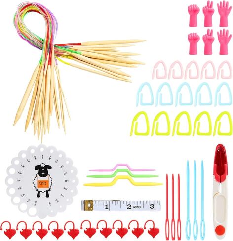 مجموعة إبر الحياكة الدائرية من الخيزران من KOKNIT مكونة من 18 زوجًا، بما في ذلك إبر الحياكة الطويلة خفيفة الوزن مقاس 31 بوصة (2 مم - 10 مم)، و43 قطعة من أدوات الحياكة وحقيبة تخزين أنيقة in Kuwait