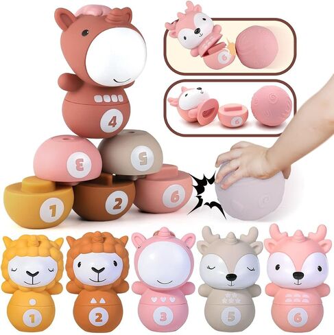 Nueplay 6-Piece Stacking Ring Set, STEM Learning Toy for 1 Year Old Gir | Soft & Textured, Squeaky Rings, Logic Training, Aesthetic Nursery Decor, Photo Prop, Ideal Newborn Gift in Saudi Arabia