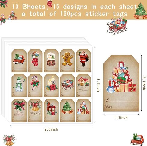 W1cwey 150pcs عيد الميلاد المائية خمر هدية علامة ملصق، 15 تصميم لطيف عيد الميلاد موضوع ذاتية اللصق تسمية هدية مجموعة سانتا كلوز الزنجبيل ثلج عيد الميلاد عنصر هدية تسمية ملصق ديكور الحاضر in Kuwait
