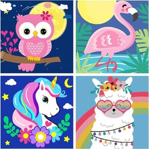 MXCFZX 4 Pack Paint by Numbers for Kids - Paint by Number for Kids Beginners Easy Acrylic Watercolor Paint Numbers Canvas Arts for Kids Ages 4-8, Oil Painting Paint by Number Kits for Decoration 8x8in