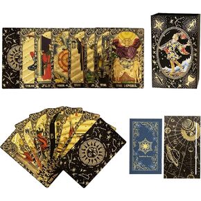 SUNHHX Tarot Cards Set, 78 Tarot Cards Deck PVC Waterproof Wrinkle Resistant Gold Foil Classic Tarot Cards with English Instructions Book Rectangular Tarot Card Stand, for Tarot Beginners and Expert