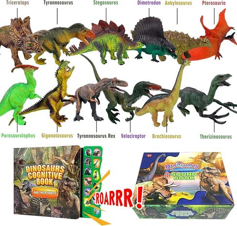 ألعاب ديناصور للأطفال من بيبيليف - 3 4 5 6 7 8 سنوات من الأولاد والبنات الصغار على شكل ديناصور تفاعلي، كتاب صوت ديناصور للخزلار + 12 قطعة 17.78 سم بمظهر واقعي in Kuwait