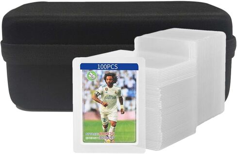 Arkeiliy 100 حزمة من أغطية البطاقات البلاستيكية الصلبة مقاس 3 × 4 بوصات للبطاقات، مع صندوق تخزين للبطاقات، حامل بطاقات علوي ممتاز لبطاقات تداول كرة القدم الرياضية in Kuwait