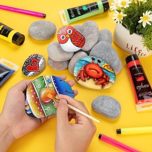 12 قطعة صخور كبيرة جدًا للرسم، صخور نهرية 4-5 بوصة أحجار طلاء صخور مسطحة ناعمة مع 12 قطعة من فرش الطلاء للرسم، صخور طبيعية للرسم للفنون والحرف اليدوية لرسامين الأطفال in Kuwait