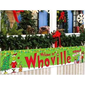 Sunwer Welcome to Whoville Fence Banner Grinchmas Green Elf Christmas Winter Holiday Party Decor Yard Porch Sign Decoration Photo Booth Backdrop (Green-A)