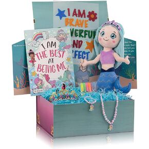 The Memory Building Company Kids Toys - Large Mermaid Surprise Box w/Mermaid Plush, Coloring Book and Markers, Jewelry and Crown Headband - Birthday Gift for Girls Age 6 & Up