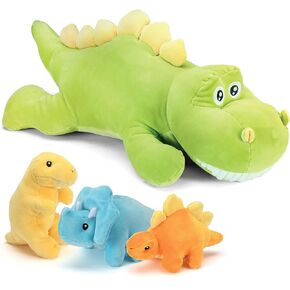 PREXTEX 15" Triceratops Dinosaur Stuffed Animal Set with 4 Dino Plush Toys Inside, Large Zippered Pouch Dinosaur for Boys & Girls, Stuffed Animals Dinosaur Toys for Kids 3-5, Colorful & Soft Plushies