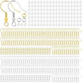 1800 قطعة من لوازم صناعة الأقراط خطافات حلق مضادة للحساسية، مجموعة صنع الأقراط مع خطافات حلق، حلقات القفز وظهر أقراط مطاطية شفافة لصنع المجوهرات بنفسك (ذهبي وفضي) in Kuwait