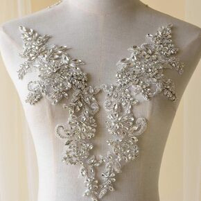 Sparkling Rhinestone Applique Heavy Beads Motif Diamante Crystal Lace Patch Craft Sewing on Bridal Wedding Dress (1 Piece)