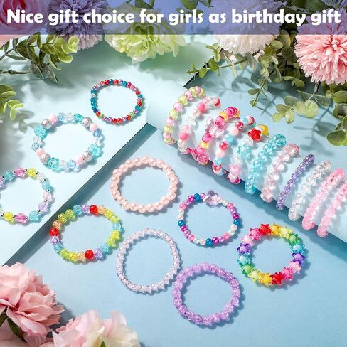 Hicarer 20 Pieces Girl Beaded Bracelets Cute Rainbow Bead Bracelets Colorful Bracelets Princess Bracelets Stretchy Bead Bracelets for Prince Birthday Present (Vivid Style) in Saudi Arabia